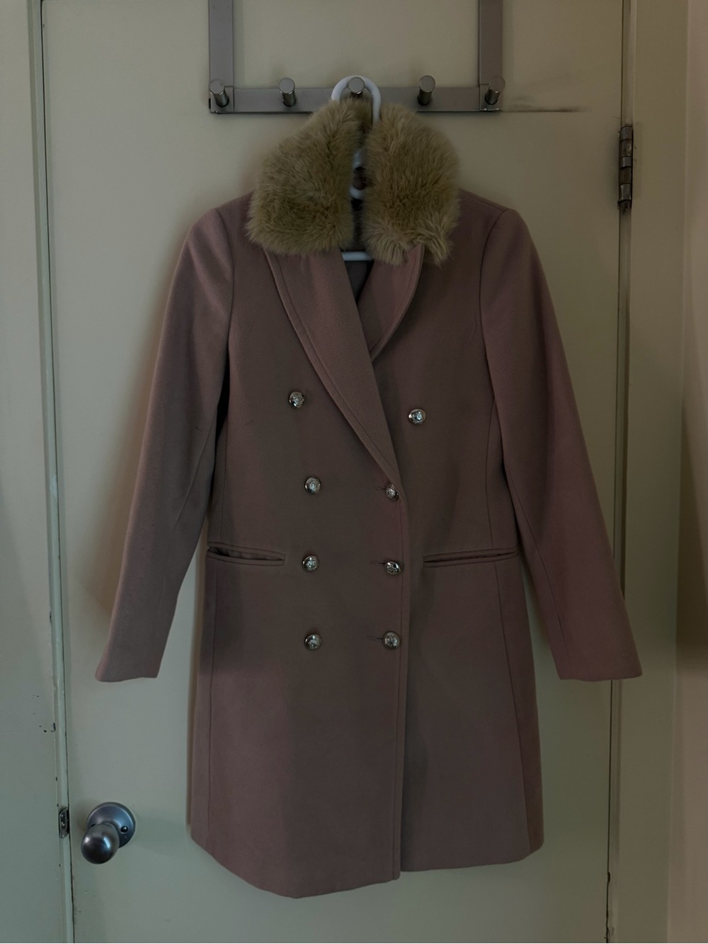 Topshop Dusty Mauve Double-Breasted Pea Coat with Faux Fur Collar